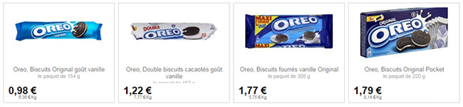 Exemples de prix de paquets Oreo dans un magasin Intermarché