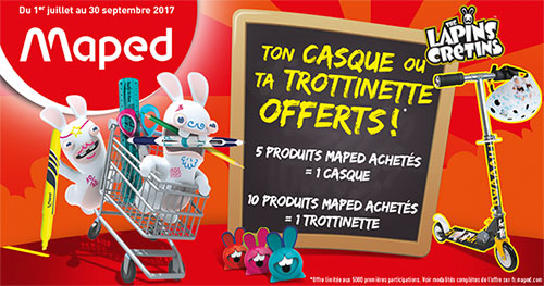 trottinettes et casques Lapins Crétins offerts par Maped