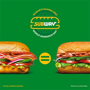 Bon plan Subway : 1 sandwich SUB15 acheté = 1 SUB15 offert