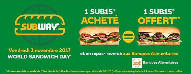 World Sandwich Day 2017 : 1 SUB15 gratuit pour 1 SUB15 acheté