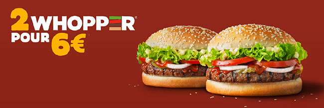 Lot de 2 hamburgers Whopper à 6 euros chez Burger King