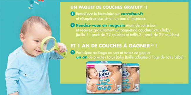 Jeu-concours Carrefour Bébé : Paquet de couches Lotus Baby offerts