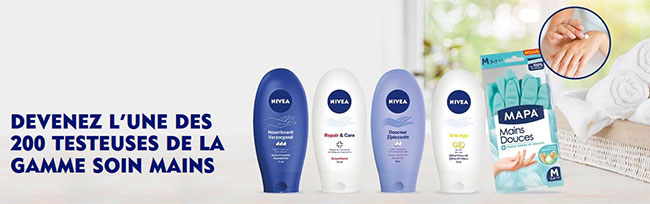 Tentez de tester gratuitement un soin Nivea et des gants Mapa