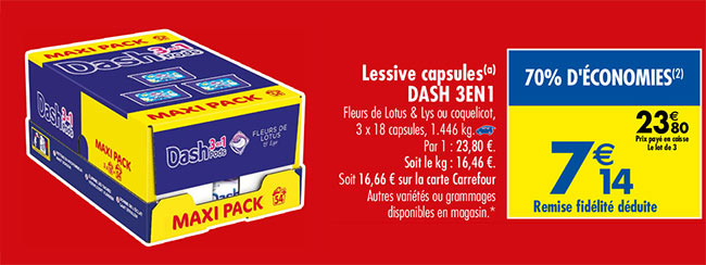 maxi pack de lessive en capsules Dash à petit prix chez Carrefour