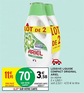 Promo Intermarché : Lot de 2 bidons de lessive Ariel à 3,58€