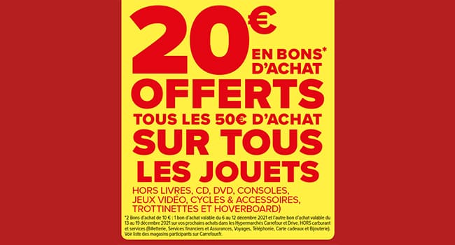 Recevez 20€ en coupons tous les 50€ d’achat de jouets chez Carrefour