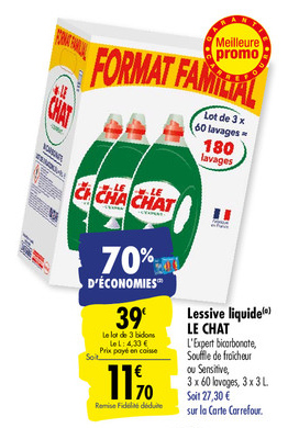 70% d’économies sur le pack de 3 bidons de lessive Le Chat chez Carrefour