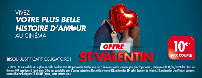 Place de cinéma CGR moins chère avec l’offre St-Valentin