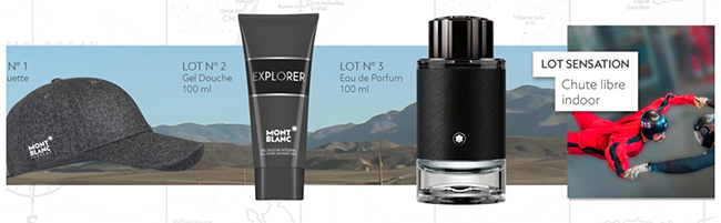 parfums, casquettes, gels Montblanc et activités à remporter