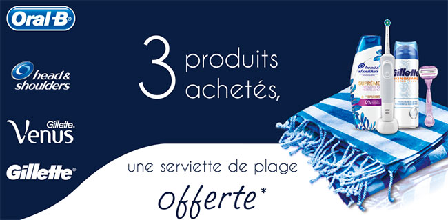 Obtenez une serviette de plage offerte pour 3 produits Procter&Gamble achetés