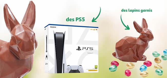 PS5 et lapins garnis à gagner au jeu Auchan de Pâques