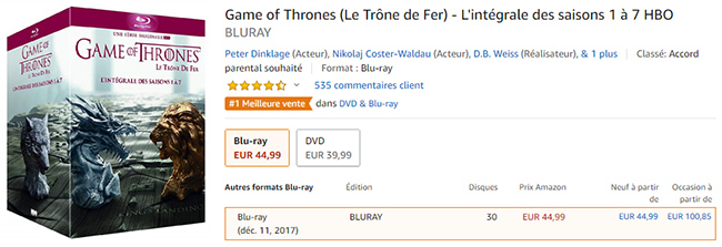 Coffret Game of Thrones en promotion sur Amazon