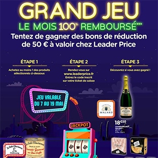 Jeu LeaderPrice.fr avec code Le Mois 100% Remboursé