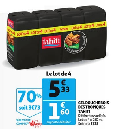 Pack de 4 gels douche Tahiti en promotion Auchan