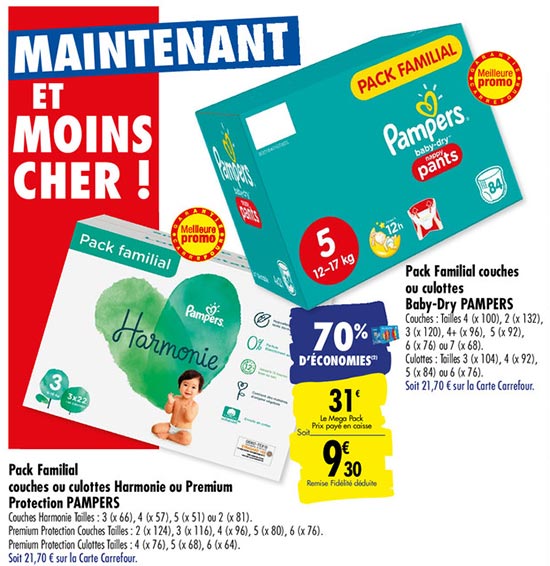 Carrefour Promo Couches Pampers (70) = Méga Pack à 9,30€