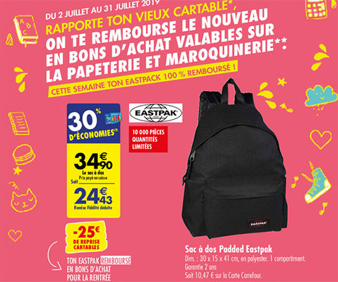 Sac à dos Eastpak 100% remboursé en bon d’achat et remise fidélité