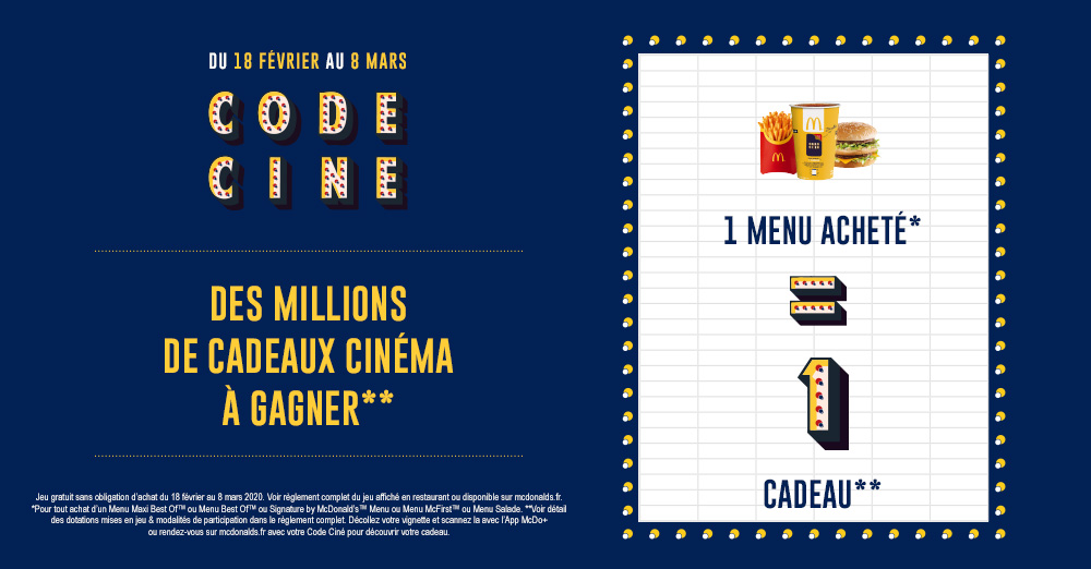 McDonalds Code Ciné Jeu : Des millions de cadeaux sur McDonalds.fr