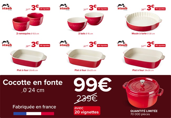 Vignette Staub de Carrefour : Plats, bols, moules à 3€ Opération Vignettes poêles casseroles Inductiva Carrefour Market