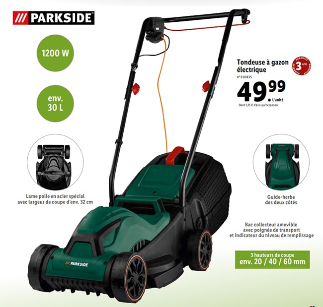 Tondeuse à gazon électrique Parkside à 49,99€ chez Lidl