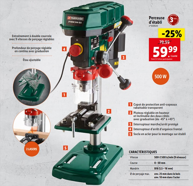 25% de réduction  sur la perceuse d’établi Parkside de Lidl