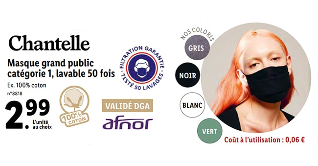 Lidl : Masque tissu Chantelle pas cher à 2,99u20ac (réutilisable 50x)