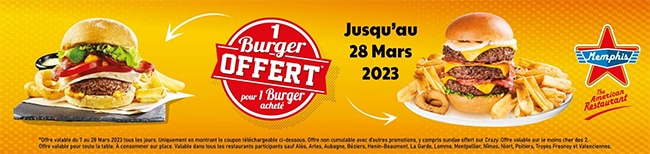 Burgers offerts dans de nombreux restaurants Memphis Coffee