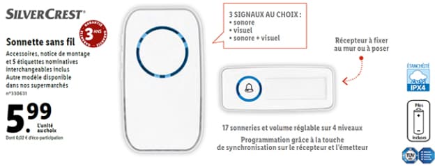 Bon plan Lidl : Sonnette sans fil SilverCrest pas chère à 5,99€