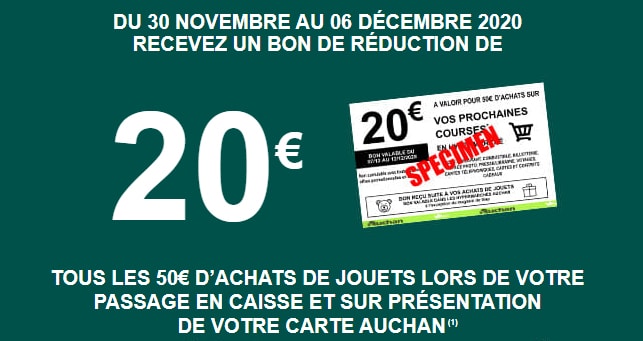 Obtenez un coupon de 20€ tous les 50€ d’achats de jouets avec votre carte de fidélité Auchan