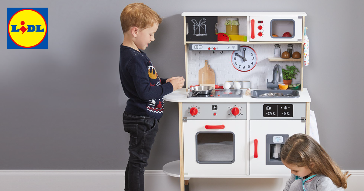 Basics Cuisine droite en bois pour enfants avec portes interactives 99 x 30 x 98 cm boutons et lumières Blanc/Gris 