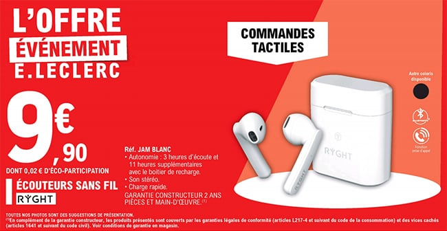 Écouteurs sans fil à commandes tactiles Ryght à petit prix chez Leclerc