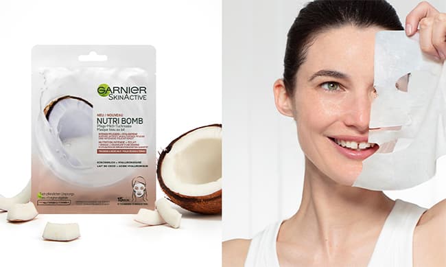 Testez gratuitement le masque en tissu Nutri Bomb au lait de coco et acide hyaluronique de Garnier avec Sampleo