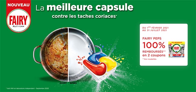 Offre de remboursement à 100% sur les capsules lave-vaisselle Fairy Peps