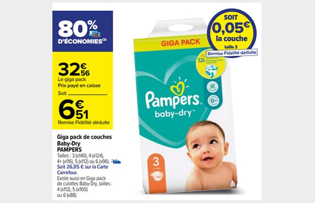 80% de remise fidélité sur les couches Pampers dans les magasins Carrefour