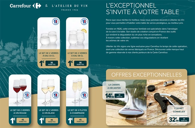 Verres, carafe et coffret de sommelier dès 1€ avec les vignettes Carrefour