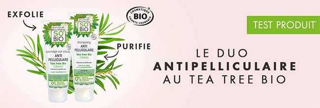 Testez gratuitement les soins antipelliculaires Tea tree Bio de SO’BiO étic