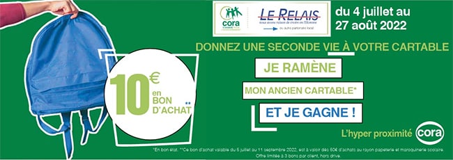 Obtenez jusqu'à 30€ en coupons d'achat Cora en rapportant des cartables
