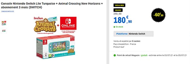 Pack Nintendo Switch + Animal Crossing + 3 mois d’abonnement en soldes