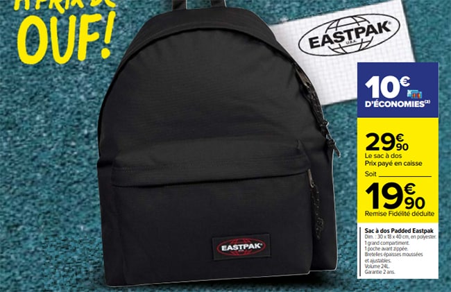 Sac à dos Padded Eastpak en promotion chez Carrefour