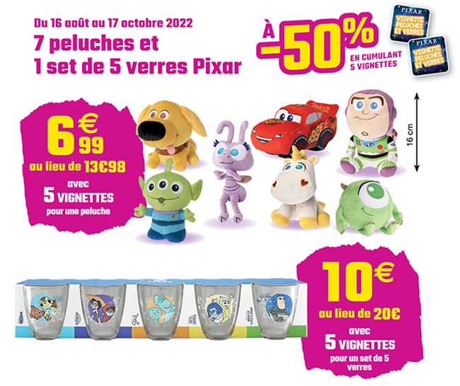 Réduction de 50% sur le lot de verres et les peluches Pixar