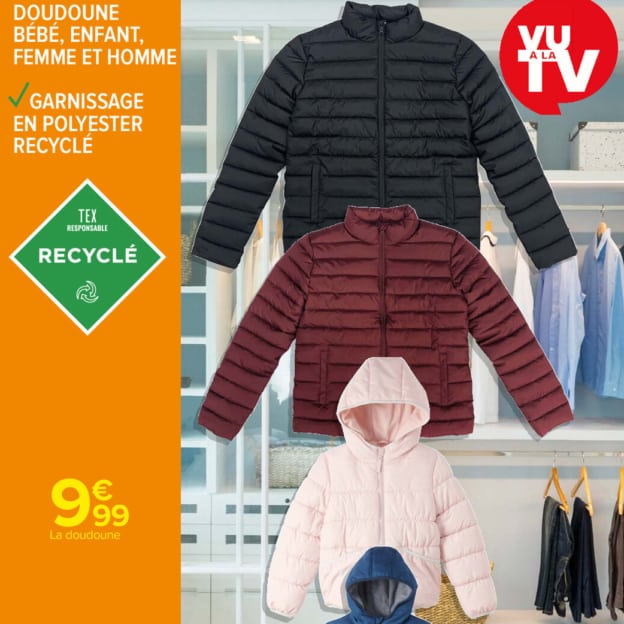 Bon plan Carrefour : Doudounes TEX pas chères pour homes, femmes, enfants et bébés