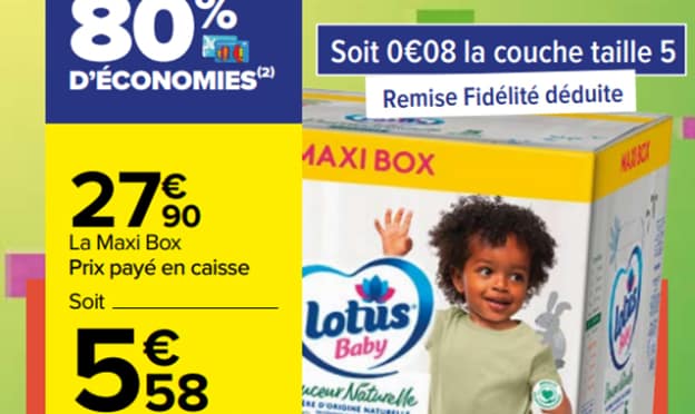 Carrefour : Remise fidélité sur la Maxi Box de couches Lotus