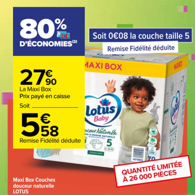 Carrefour : Remise fidélité sur la Maxi Box de couches Lotus