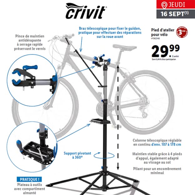 Lidl Pied d’atelier pour vélo Crivit pas cher à 29,99€