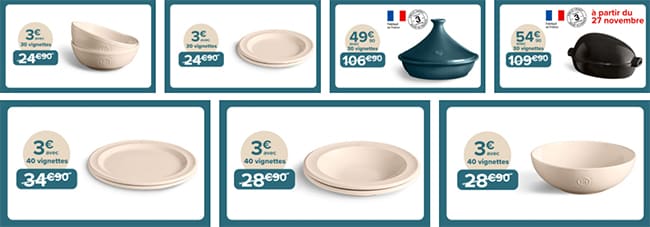 Bols, assiettes, saladiers et plats de cuisson dès 3€ avec les vignettes offertes