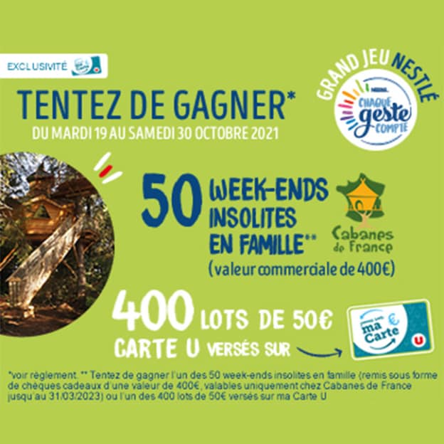 Magasins U Jeu Nestlé : 50 week-ends et 400 lots de 50€