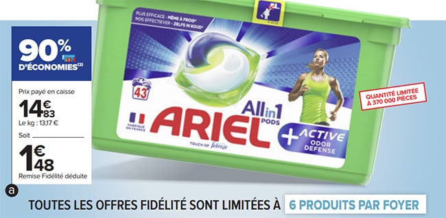 réduction fidélité de 80% sur la lessive Ariel Pods+ chez Carrefour