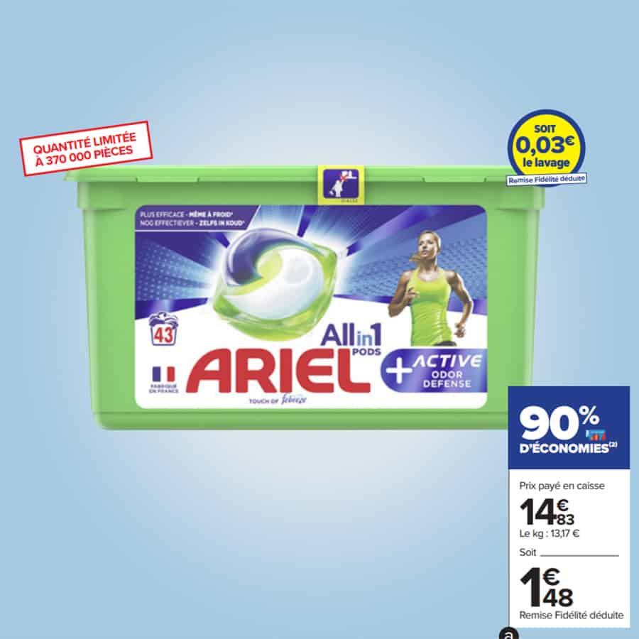 Carrefour : 42 capsules de lessive Ariel à 1,48€ (90% de remise fidélité)