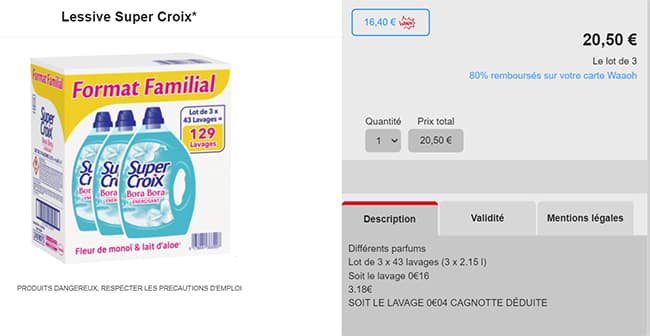 Lot de bidons de lessive Super Croix moins cher chez Auchan