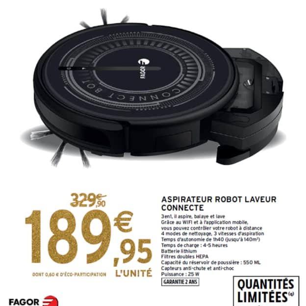 Intermarché : Aspirateur robot laveur connecté Fagor à 189,95€