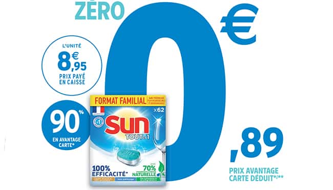Promo Inter : 90% de remise fidélité sur les pastilles de lave-vaisselle Sun